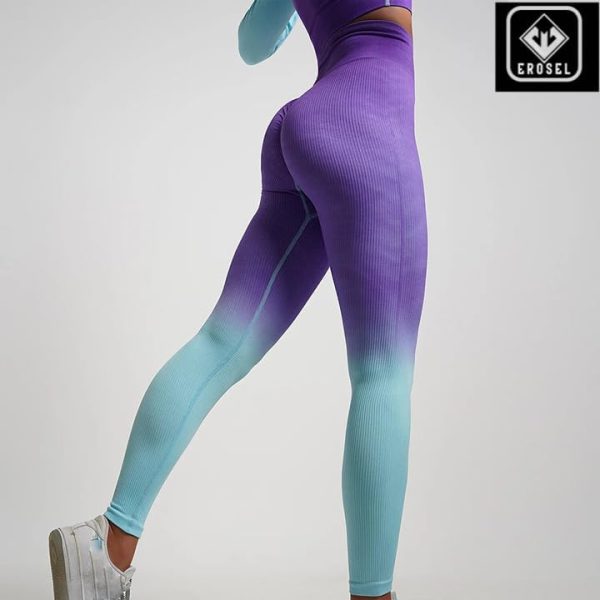 Women's Fitness Clothing Gym Outfit and Yoga Workout Set – Seamless Crop Top and High Waisted Leggings Ombre Gradient
