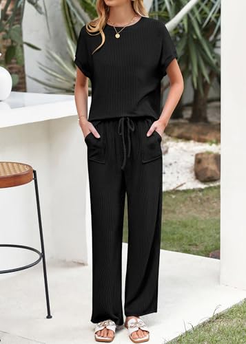 41FOSyR1VL.jpg Summer Sets Women 2 Piece Outfits Casual Ribbed Knit Short Sleeve Tops Wide Leg Pants Lounge Set Travel Tracksuit