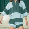 Womens Summer 2 Piece Lounge Sets Oversized Striped Matching Workout Set Half Zip Tracksuit Top with Pockets