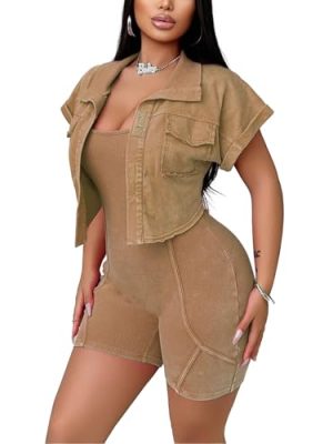 Women's Workout Jumpsuits Two Piece Ribbed Square Neck Yoga Romper Short Sexy Bodycon Bodysuits Summer Outfits