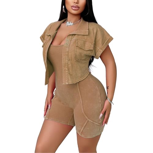 Women's Workout Jumpsuits Two Piece Ribbed Square Neck Yoga Romper Short Sexy Bodycon Bodysuits Summer Outfits