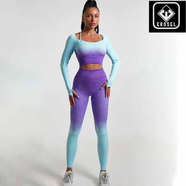 Women's Fitness Clothing Gym Outfit and Yoga Workout Set – Seamless Crop Top and High Waisted Leggings Ombre Gradient
