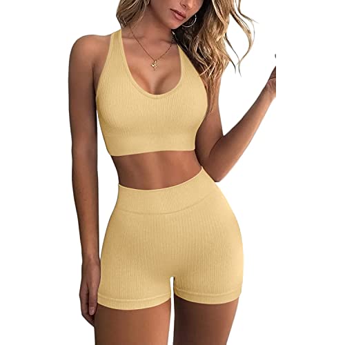 Workout Sets for Women 2 Piece Outfits Gym Yoga Clothing Ribbed Tank Crop Tops Seamless High Waist Booty Biker Shorts