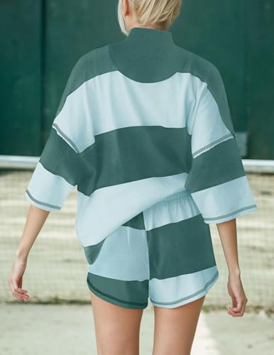 Womens Summer 2 Piece Lounge Sets Oversized Striped Matching Workout Set Half Zip Tracksuit Top with Pockets