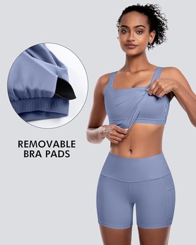 Womens Sports Bras 5 Packs - Square Neck Longline Workout Crop Tank Tops Padded Yoga Camisole with Built in Pads