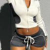 Womens Spring 2 Piece Workout Sets Long Sleeve Zip up Jacket Crop Tops High Waist Biker Shorts Gym Yoga Outfits