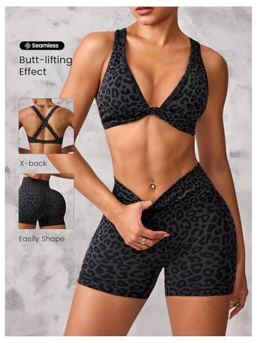 Women's Leopard Workout Set 2 Piece Twist Front Cross Back Sports Bra Biker Shorts Set