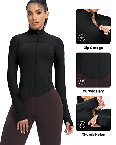 Women's Cropped Running Workout Jackets Zip Slim Fit Athletic Tops with Thumb Holes