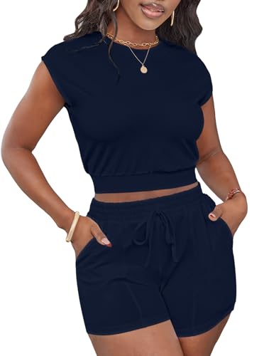 Short Sets for Women 2 Piece Summer Sets Cap Sleeve Crop Tops and Shorts Tracksuits Sets