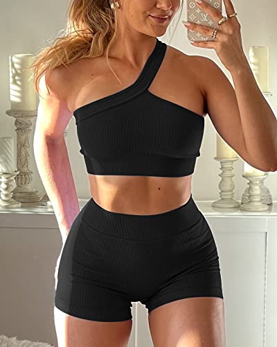 Womens 3 Piece Workout Sets - Seamless Ribbed Yoga Outfits Sports Bra One Shoulder Top Biker Shorts Gym Athletic Cloth