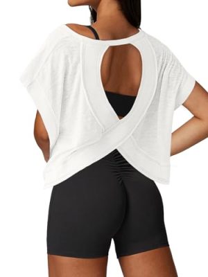Open Back Workout Tops for Women Loose Fit Athletic Crop Tee Short Sleeve Gym Running Yoga Shirt