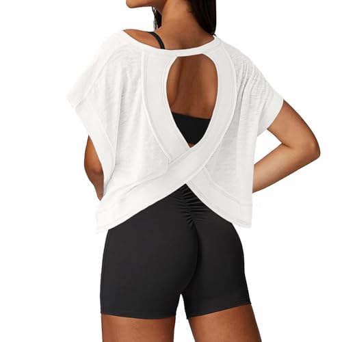 Open Back Workout Tops for Women Loose Fit Athletic Crop Tee Short Sleeve Gym Running Yoga Shirt