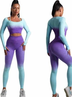 Women's Fitness Clothing Gym Outfit and Yoga Workout Set – Seamless Crop Top and High Waisted Leggings Ombre Gradient