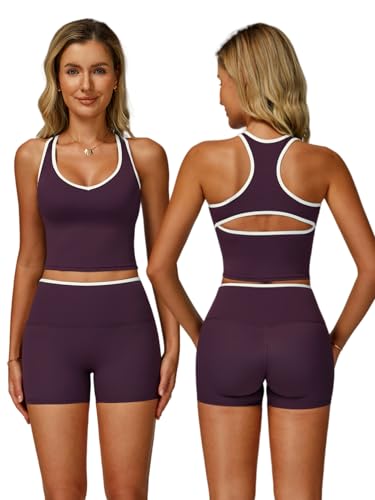 Workout Sets for Women 2 Piece Color Block V Neck Racerback Tank Top Built in Bra High Waist Shorts