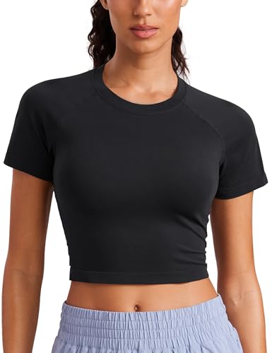 Seamless Womens Short Sleeve Crop Tops Breathable Slim Fit Gym Workout Shirts Athletic Running Basic Tee Top