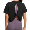 Open Back Short Sleeve Crop Top for Women Loose Athletic Yoga Workout Shirts Casual Cropped T-Shirts