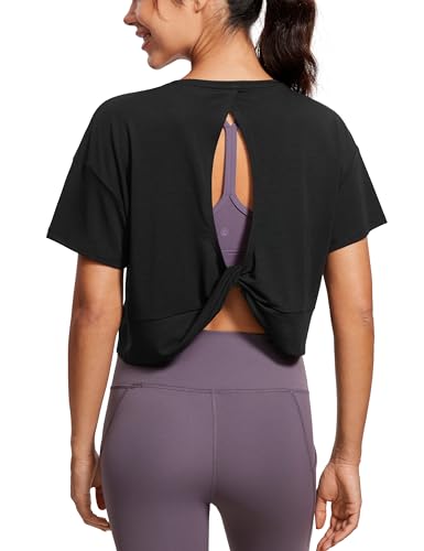 Open Back Short Sleeve Crop Top for Women Loose Athletic Yoga Workout Shirts Casual Cropped T-Shirts