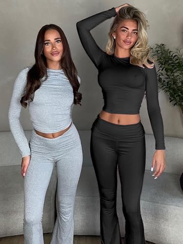 Women's Workout 2 Piece Lounge Sets Long Sleeve Tops Foldover Flare Pants Casual Outfits Tracksuit
