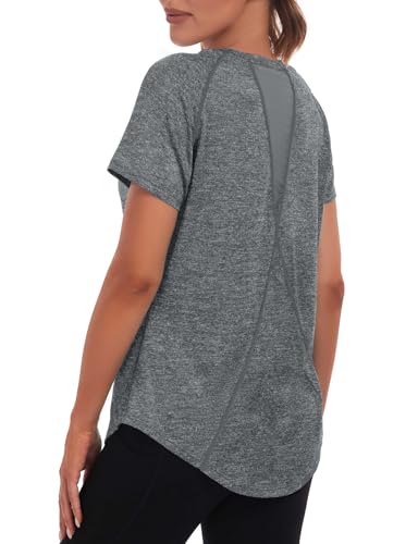 Women's Long Workout Tops,Short Sleeve Dry-Fit Mesh Open Back Loose Fit Gym Athletic Running Shirts Exercise Tee