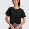 Open Back Short Sleeve Crop Top for Women Loose Athletic Yoga Workout Shirts Casual Cropped T-Shirts