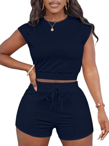 Short Sets for Women 2 Piece Summer Sets Cap Sleeve Crop Tops and Shorts Tracksuits Sets