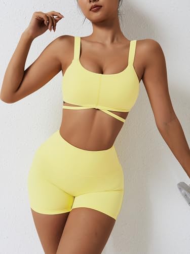 Workout Sets for Women 2 Piece Twist Front Halter Sports Bras High Waist Biker Shorts Exercise Gym Yoga Outfit