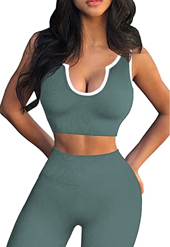 Work Out Sets Womens - Gym Two Piece Outfits Seamless Crop Tank High Waist Yoga Leggings
