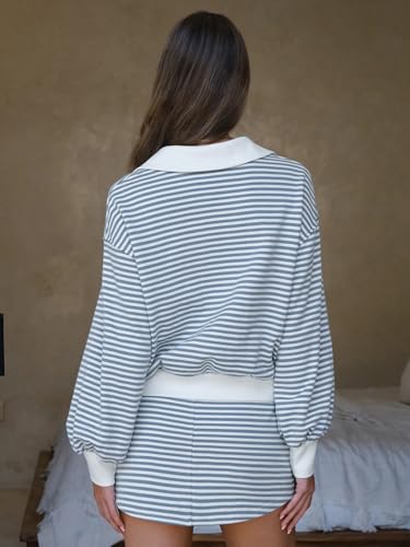 Women Fall Two Piece Sets Cotton Striped Set Sweatshirt Matching Skort Skirt Sweatsuits Workout Tracksuit Outfits 2025