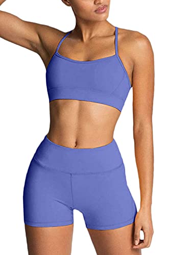 Women's Workout Sets 2 Piece Yoga Outfits High Waisted Biker Shorts and Cross Back Sports Bra Gym Set