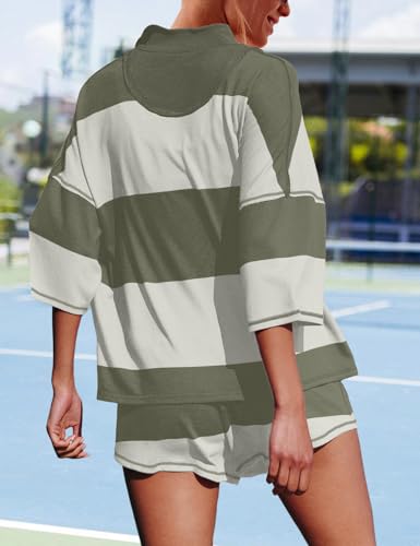 Womens Striped Two Piece Outfits Matching Sets Lounge Workout Set Top and Short with Pockets Casual Travel Clothing