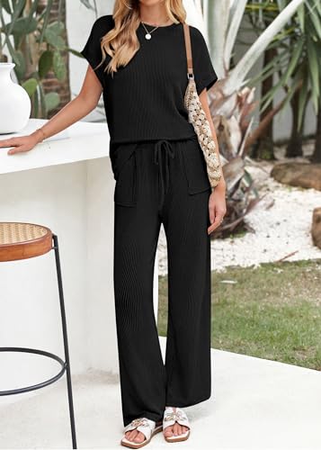 41mErqQUs0L.jpg Summer Sets Women 2 Piece Outfits Casual Ribbed Knit Short Sleeve Tops Wide Leg Pants Lounge Set Travel Tracksuit