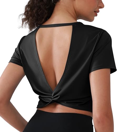 41pQKtdcZRL.jpg Open Back Workout Tops for Women Crop Yoga Shirts Lightweight Twist Back Athletic Running Gym Tops