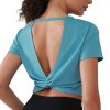 Open Back Workout Tops for Women Crop Yoga Shirts Lightweight Twist Back Athletic Running Gym Tops Blue