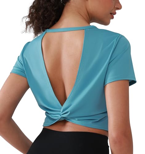 Open Back Workout Tops for Women Crop Yoga Shirts Lightweight Twist Back Athletic Running Gym Tops Blue