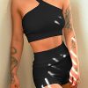 Womens 3 Piece Workout Sets - Seamless Ribbed Yoga Outfits Sports Bra One Shoulder Top Biker Shorts Gym Athletic Cloth