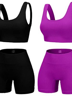 4 Piece Workout Sets for Women Seamless Ribbed High Waist Yoga shorts with Sports Bra Outfits