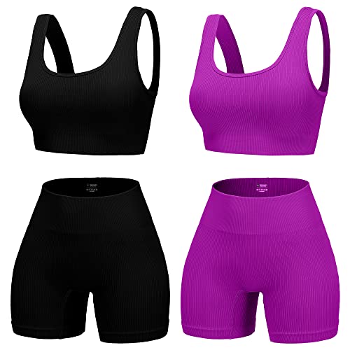 4 Piece Workout Sets for Women Seamless Ribbed High Waist Yoga shorts with Sports Bra Outfits