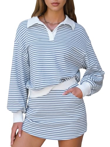 Women Fall Two Piece Sets Cotton Striped Set Sweatshirt Matching Skort Skirt Sweatsuits Workout Tracksuit Outfits 2025