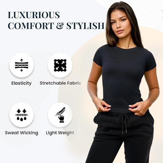 510-XT26bkL.jpg 3 Pack Stretch Workout Tee Shirts for Women, Ribbed Crewneck Womens Short Sleeve Yoga Tees (Available in Plus)